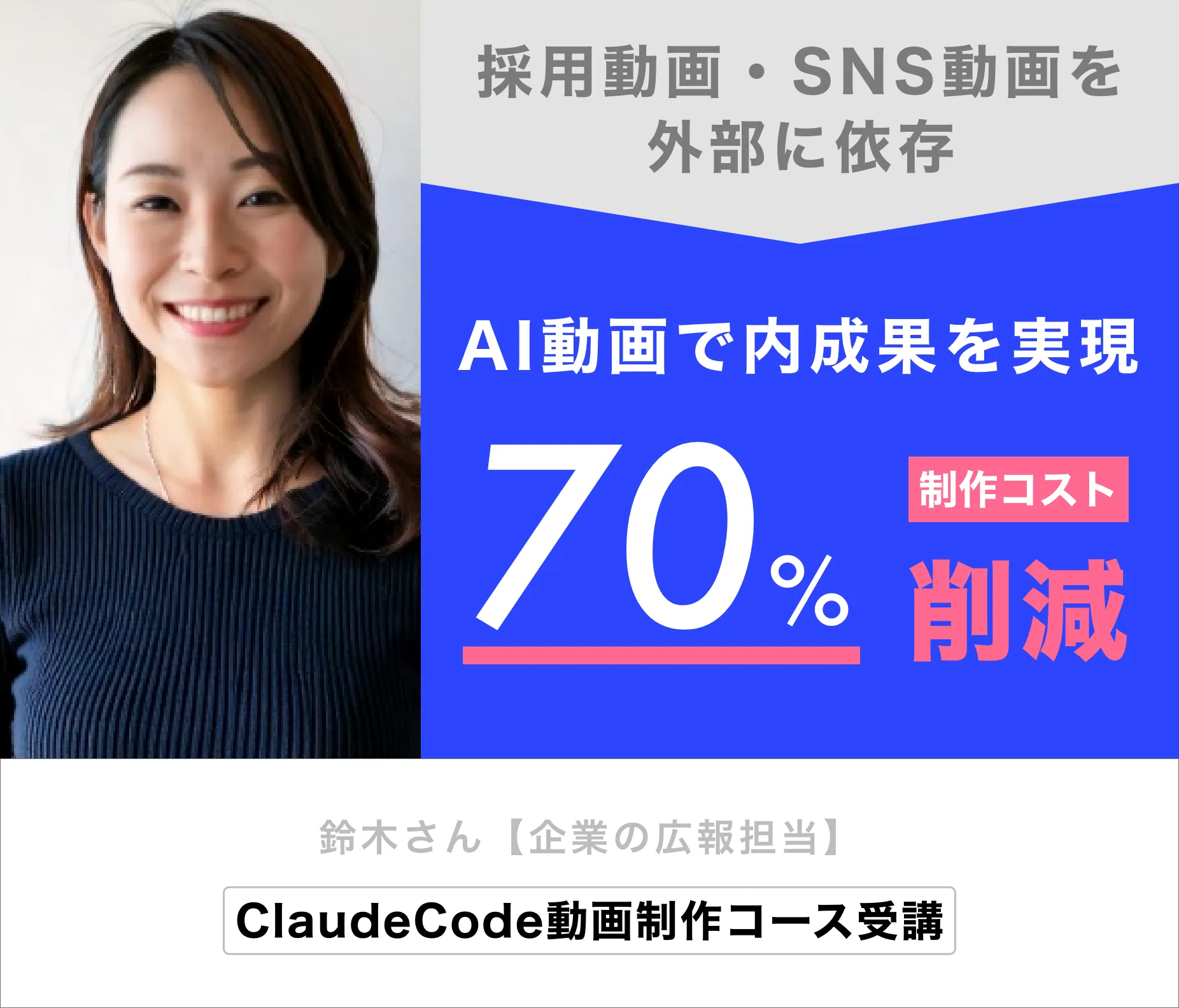 鈴木さん（企業の広報担当）AI動画で内製化を実現し、制作コスト70%削減